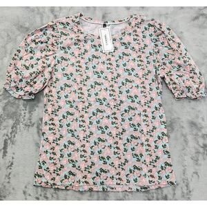 NEW Carmel CRML Floral Crew Neck Puffy Short Sleeve Top Size M Blue Pink Stretch